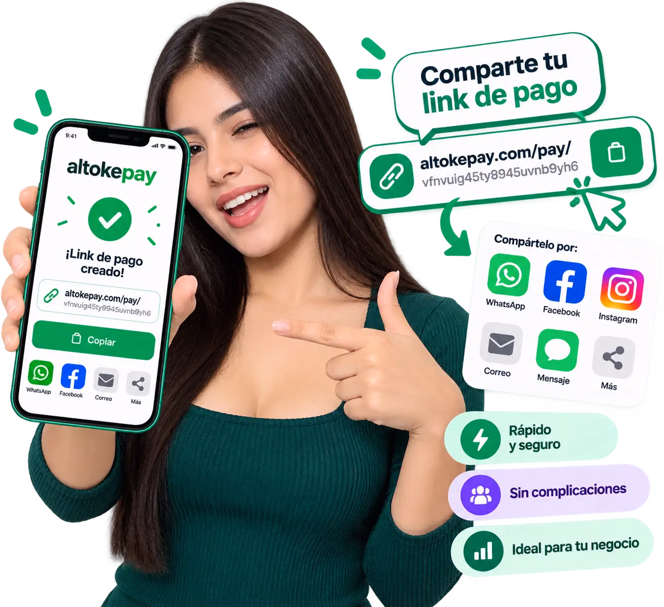 Persona mostrando la creación y las opciones para compartir un Link de pago de AltokePay